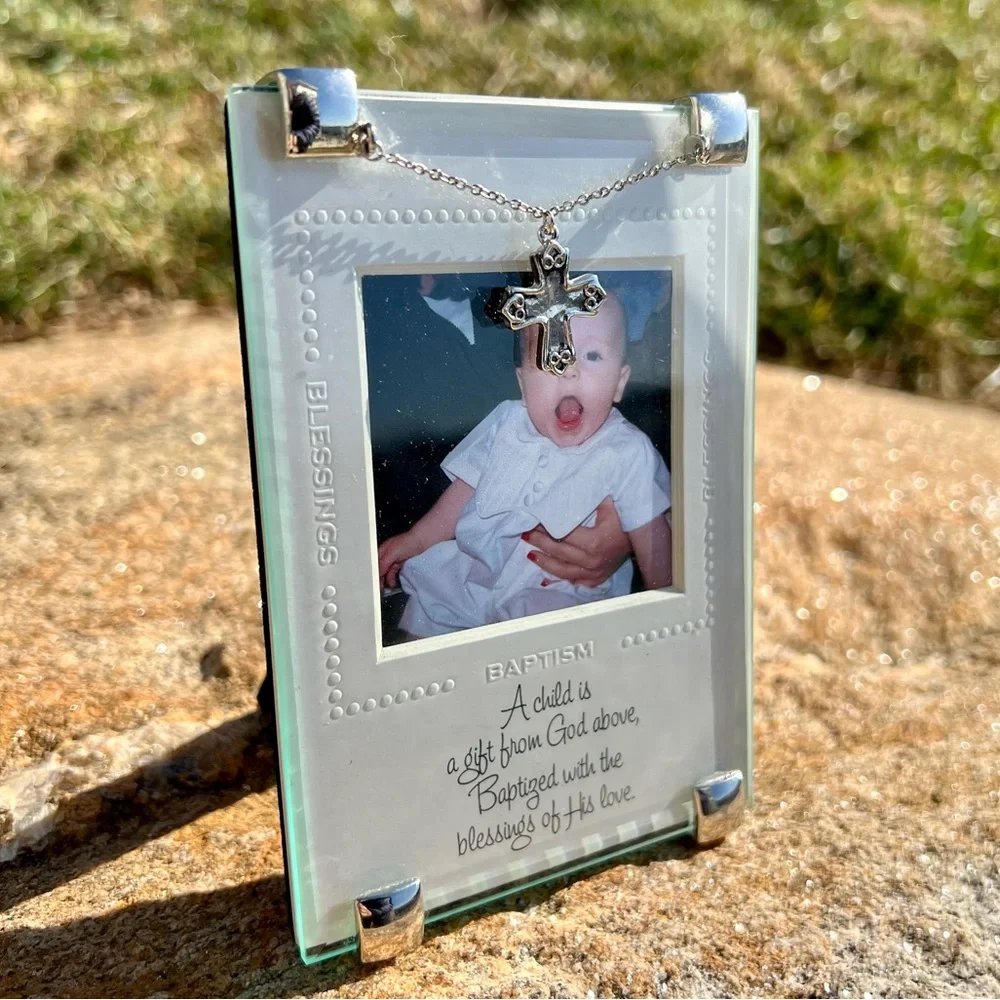 Baptism Small Glass Picture Frame Blessings Poem Cross Pendant Ivory Matte
